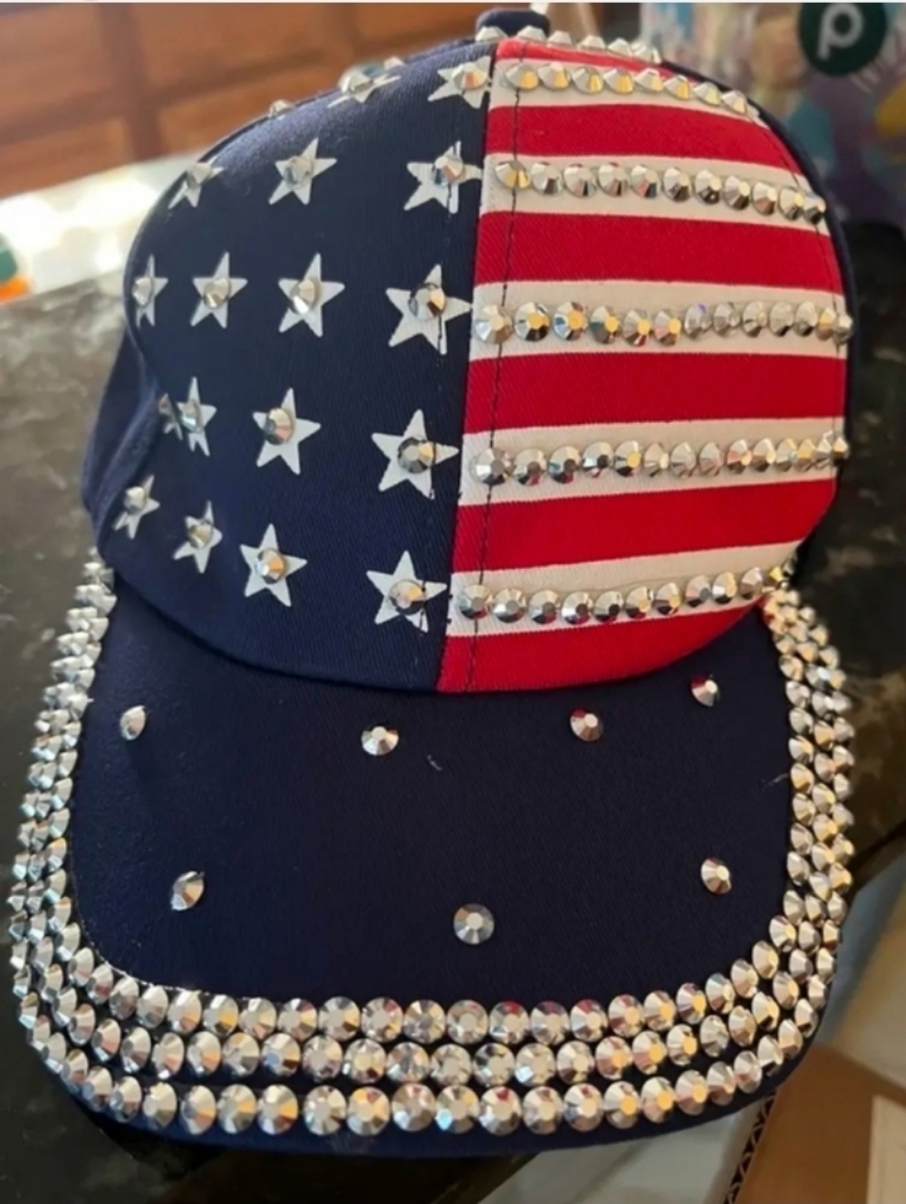Embellished American Flag Rhinestone Baseball Cap - Navy & Red - Picture 6 of 8